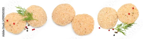Panel kuchenny z motywem Uncooked meat patties isolated on white, set. Top view