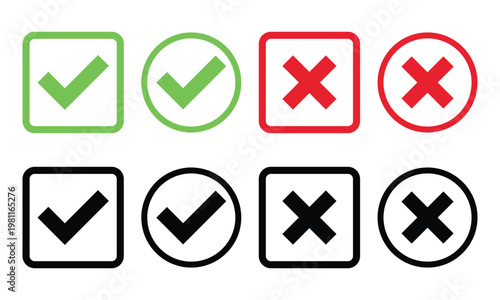 check mark icon button set. check box icon with right and wrong buttons and yes or no checkmark icons in green tick box and red cross. Check mark icon button set. vector illustration eps file. 