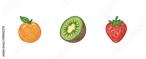 Fresh Healthy Fruits and Tropical Summer Produce with Fluid Crayon Pencil Texture and Crayon Colorful Aesthetic