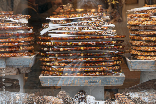 Big French nut cookies in show window in Annecy in France