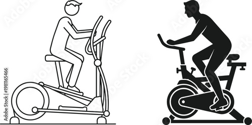 Minimalist Vector Illustration of People Using Elliptical Trainer and Stationary Exercise BikeMinimalist Vector Illustration of People Using Elliptical Trainer and Stationary Exercise Bike