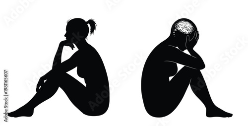 Sad woman silhouette covering face with hands, depression and mental health concept flat vector illustration