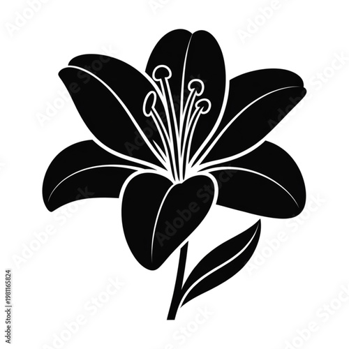 Decorative lily flower silhouette, botanical wildflower blossom with leaf, black and white vector illustration ornament