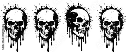 Four dripping skull illustrations with splatter effects on white background