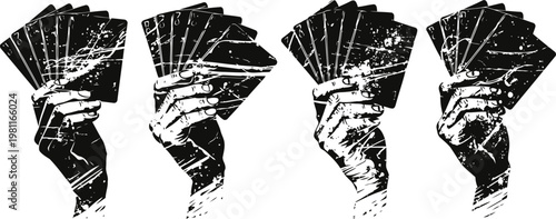 Hand holding playing cards in multiple grayscale silhouettes, symbolizing luck and gambling concepts