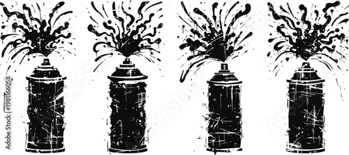 rustic black and white illustration of four spray paint cans with dynamic paint splash effects