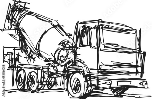 Concrete mixer truck sketch drawing construction vehicle illustration, heavy machinery equipment concept