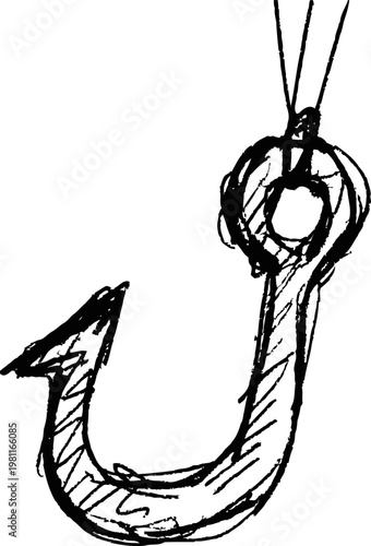 Hand drawn fishing hook with line black ink sketch of curved metal hook with barb and eyelet for fishing tackle