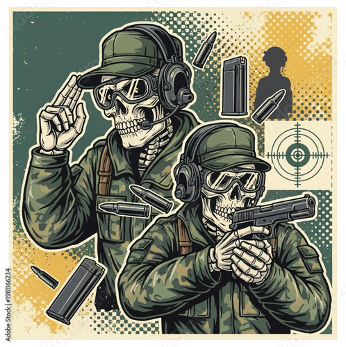 Dynamic graphic art showcasing two skeleton soldiers, one aiming a firearm and another saluting, amidst tactical shooting range elements like targets and ammunition vector design