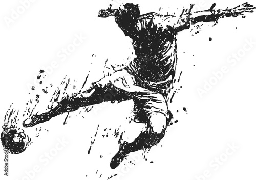 Dynamic soccer player kicking ball in powerful action sketch black and white illustration
