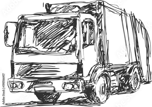 Garbage truck sketch front side view drawing of waste disposal vehicle for trash collection and recycling services