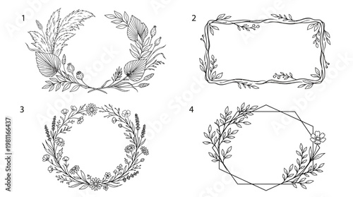 Boho Wedding Frame Vector Set – 4 Floral Rustic Border Designs in Clean Grid Layout