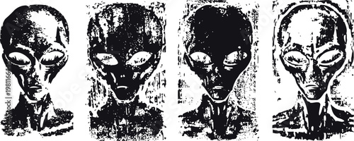 Black and white alien head illustrations hand drawn extraterrestrial faces with large eyes and elongated skulls