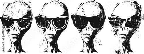four aliens wearing sunglasses on white background cool extraterrestrial characters in dark glasses, mysterious and stylish sci fi concept