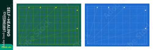 Self-healing cutting mat design board set. Professional grid scale and measurement rulers. Vector illustration transparent background
