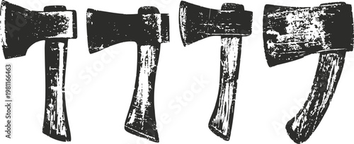 set of four vintage battle axes with distressed texture and varying blade shapes