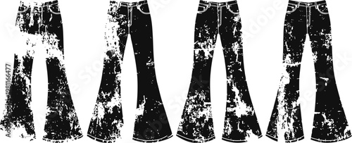 grunge distressed denim jeans silhouette set vintage torn pants isolated on white background