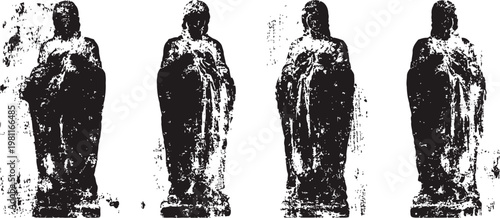 Four vintage statues of women holding objects, weathered stone sculptures, artistic historical figures