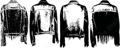 Four distressed denim jackets hanging on hangers in black and white