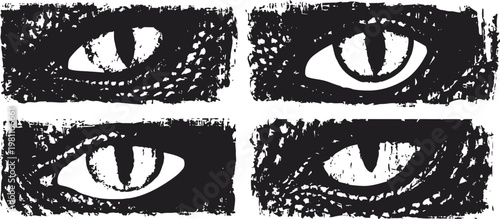 set of four grunge black and white dragon eyes with vertical slit pupils in rectangular frames