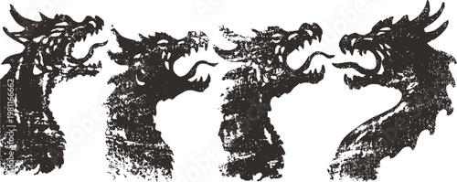 black dragon head silhouettes with fierce expressions in vintage grunge