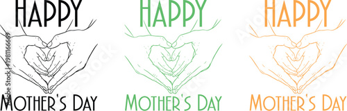Happy mothers day greeting card with hands forming a heart in black, green and orange isolated on white background