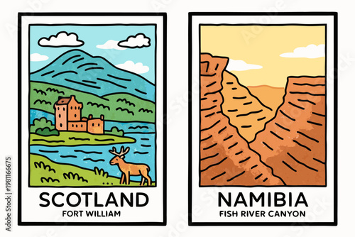Scottish Highlands castle and Namibian canyon travel poster vector illustration