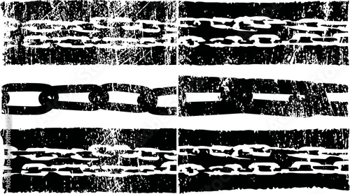 Grunge black chains set, distressed metal links design, broken, rusty, vintage elements