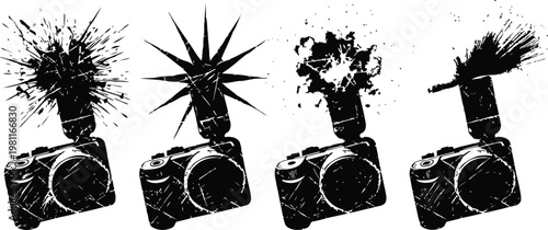 Vintage cameras with creative artistic paint splash effects in black and white illustration