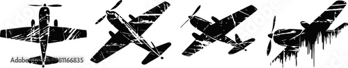 set of four vintage distressed airplane silhouettes with grunge texture, different angles and poses