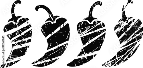 grunge chili pepper icons set with distressed texture variation for design and decoration