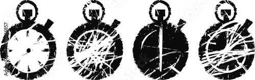 Grunge stopwatch icons set vintage timer silhouettes with scratched texture stopwatch and chronometer symbols