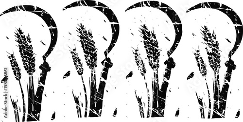 cultivated ripe wheat and sickle silhouette rural agricultural harvesting tool and grain symbol