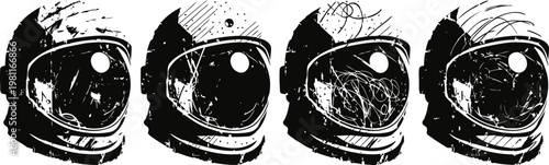 black and white ink illustration of four astronaut helmets with detailed reflections and textures