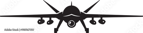 Minimal black silhouette modern military combat drone with missiles icon isolated on white background representing aerial warfare technology and defense system