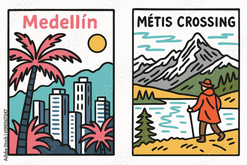 Medellín cityscape with palm trees and sun, and Metis Crossing mountain landscape with hiker, flat design vector illustration