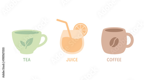 Tea coffee juice drink icons.