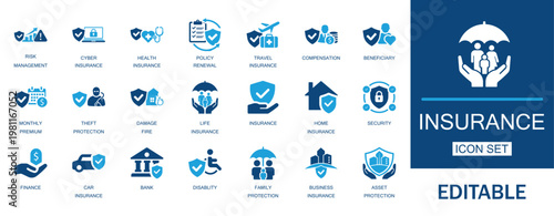 Insurance and protection icons set. Includes life, health, car and business insurance coverage elements. Perfect for financial advisors, insurance agencies, and healthcare websites.