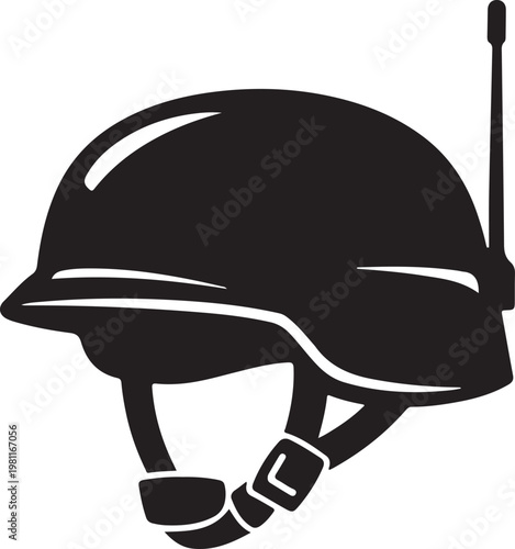 Minimal black silhouette military combat helmet icon isolated on white background representing soldier protection gear and battlefield safety equipment
