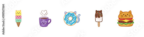 Cat Themed Fast Food and Sweet Treats Collection with Crayon Colorful Aesthetic and Organic Inky Outlines