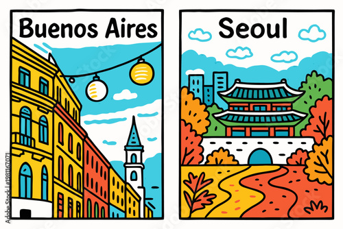 buenos aires and seoul landmarks flat design vector illustration for travel posters