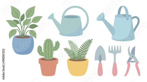 Gardening tools and plants.