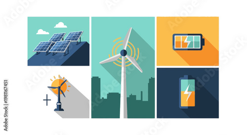 Renewable Energy Vector Set with Solar Panels, Wind Turbines, and Battery Storage Icons for Smart City and Ecology Concept