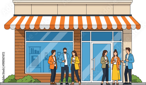 People standing outside cafe storefront with glass windows and striped awning in urban street scene illustration isolated on white