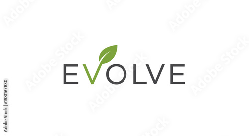 "EVOLVE" text logo with a fresh green leaf representing growth, nature, and organic development, on an isolated white background, ideal for eco-friendly brands.