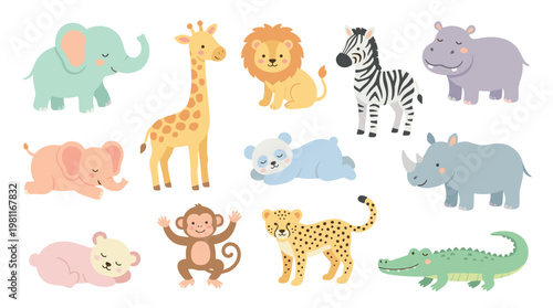 Colorful cartoon wild animals.