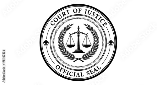 Official circular court of justice seal with scales and laurel wreath, symbolizing legal authority and fairness, in a detailed stamp design on an isolated white background.