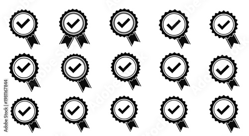 Set of achievement badge icons with checkmarks, symbolizing quality, approval, and success, in a solid black design on an isolated white background, perfect for certifications.
