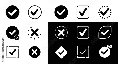 Collection of various checkmark and cross icons in different styles, representing approval, denial, correctness, and error on an isolated white background, suitable for UI/UX.