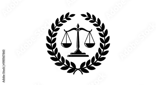 Scales of justice icon within a classic laurel wreath, representing law, balance, and victory, in a solid black silhouette on an isolated white background.